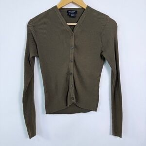 Karen Kane Y2K Ribbed Button Up Crop Top Size M Olive Green Stretchy Knit